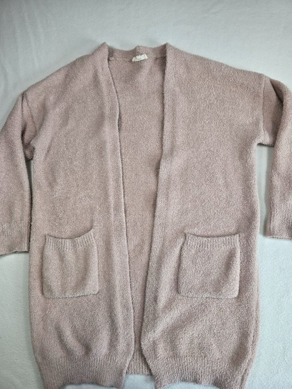 Entro 1X Beige Open-Front Fleece Cardigan Sweater With Pockets